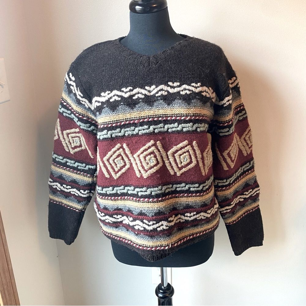 MODA Wool Sweater Geometric Multicolor Knit Pullover Tribal Vintage Boxy
